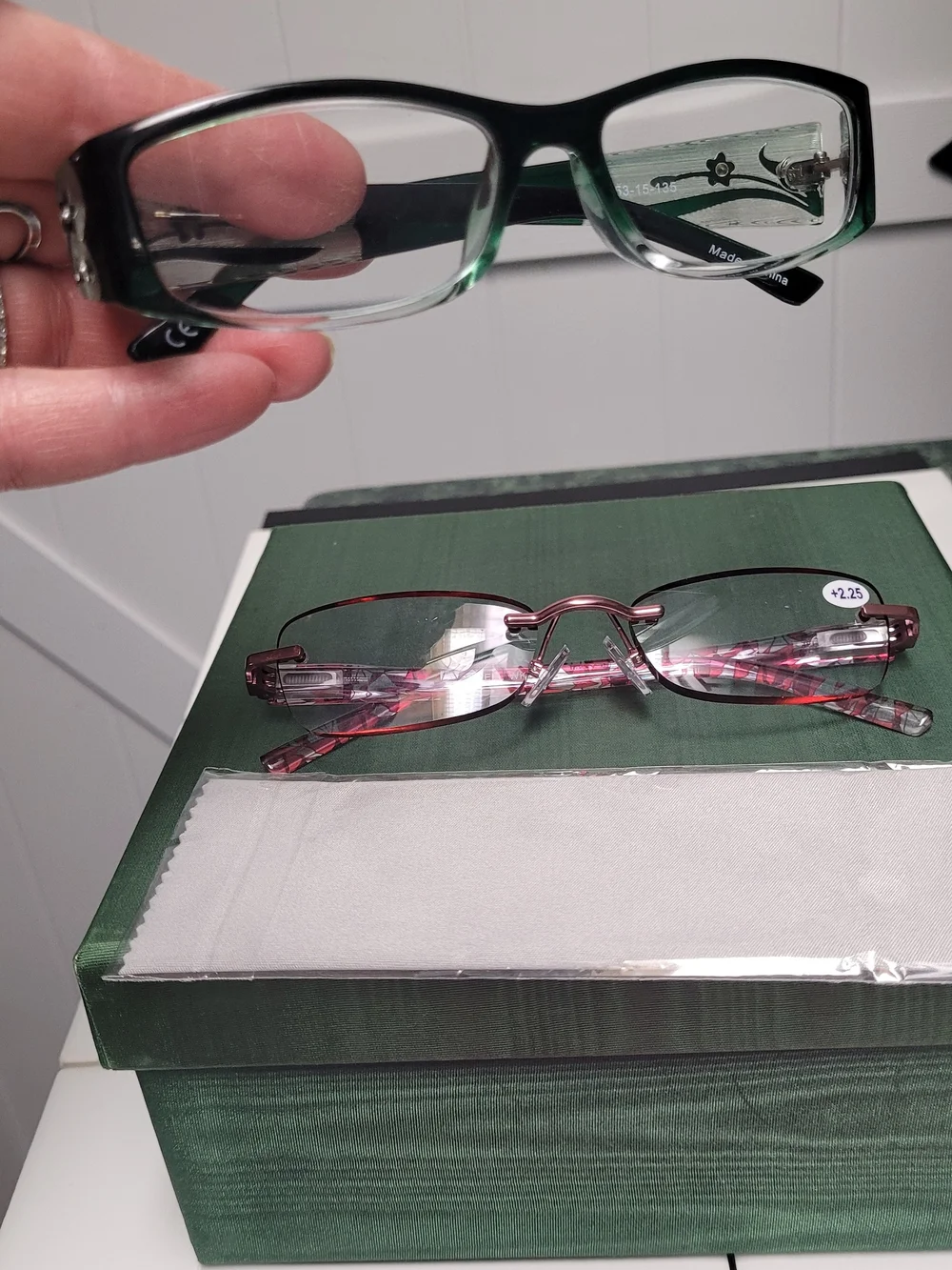 Pink Frame Reading Glasses with Matching Pink Sleeve & Green Glasses